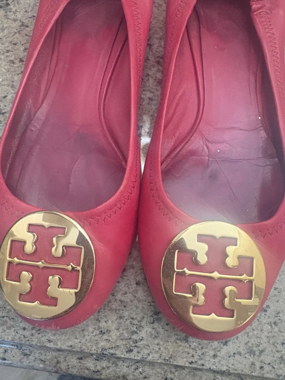 Tory Burch Red Leather Logo Ballet Flats with Gold Medallions - Picture 4 of 6